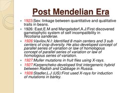 Post Mendelian Era 
1923:Sex: linkage between quantitative and qualitative 
traits in beans.
1926: East,E.M and Mangelsdorf