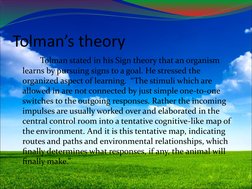 Tolman’s theory
Tolman stated in his Sign theory that an organism 
learns by pursuing signs to a goal. He stressed the 
organ