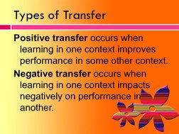 Types of Transfer
Positive transfer occurs when 
learning in one context improves 
performance in some other context.
Negativ