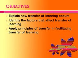 OBJECTIVES
◻Explain how transfer of learning occurs
◻Identify the factors that affect transfer of 
learning
◻Apply principles
