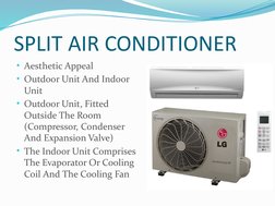SPLIT AIR CONDITIONER
• Aesthetic Appeal 
• Outdoor Unit And Indoor 
Unit
• Outdoor Unit, Fitted 
Outside The Room 
(Compress