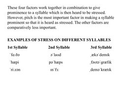 These four factors work together in combination to give 
prominence to a syllable which is then heard to be stressed. 
Howeve