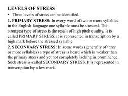 LEVELS OF STRESS
• Three levels of stress can be identified.
1. PRIMARY STRESS: In every word of two or more syllables 
in th