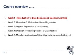 4
1.
Week 1 : Introduction to Data Science and Machine Learning
2.
Week 2: Univariate & Multivariate Linear Regression
3.
Wee