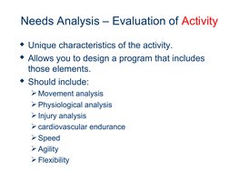 Needs Analysis – Evaluation of Activity
Unique characteristics of the activity.
Allows you to design a program that include