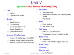 Unit-V
•
EMC
–
EMC IT,
–
Captiva Cloud Toolkit
•
Google
–
Cloud Platform,
–
Cloud Storage,
–
Google Cloud Connect,
–
Google C
