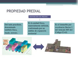 PROPIEDAD PREDIAL
DEFINICIÓN DE PREDIO 
Del latín praedium, 
denominado
también finca, 
fundo, terreno. 
Es la unidad física,