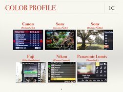 COLOR PROFILE
1C
 4
Sony 
(Creative Style)
Sony 
(Picture Profile)
Fuji 
(Film Simulation)
Nikon 
(Picture Control)
Canon 
(P