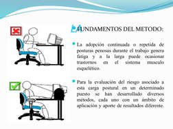 METODO RULA
FUNDAMENTOS DEL METODO:
La adopción continuada o repetida de 
posturas penosas durante el trabajo genera 
fatig