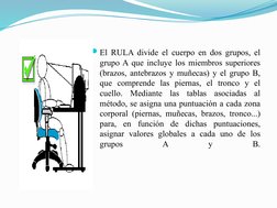 El RULA divide el cuerpo en dos grupos, el 
grupo A que incluye los miembros superiores 
(brazos, antebrazos y muñecas) y el