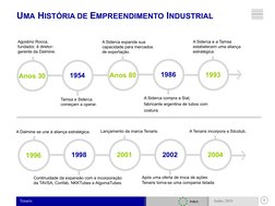 Tenaris
8
Junho, 2019
UMA HISTÓRIA DE EMPREENDIMENTO INDUSTRIAL
Tamsa e Siderca 
começam a operar.
1954
Agostino Rocca, 
fund