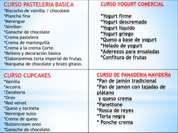CURSO PASTELERIA BASICA 
*Bizcocho de vainilla / chocolate
*Plancha fina
*Merengue
*Almíbar-
*Ganache de chocolate
*Crema pas