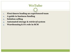 WeTube
1.
First timers leading an experienced team
2.
A guide to business funding
3.
Solution selling
4.
Automated storage &