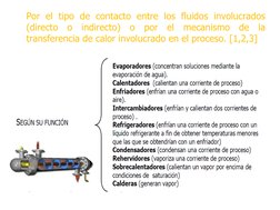 Por el tipo de contacto entre los fluidos involucrados 
(directo o indirecto) o por el mecanismo de la 
transferencia de calo