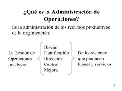 4
¿Qué es la Administración de 
Operaciones?
Es la administración de los recursos productivos 
de la organización.
Diseño 
Pl