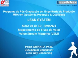 1
LEAN WAY ACADEMY
AULA 04 de 10 – 09JAN21
Mapeamento do Fluxo de Valor
Value Stream Mapping (VSM)
Paulo GHINATO, Ph.D.
CEO/S