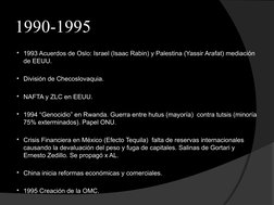 1990-1995
1993 Acuerdos de Oslo: Israel (Isaac Rabin) y Palestina (Yassir Arafat) mediación 
de EEUU.
División de Checoslov