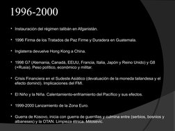 1996-2000
Instauración del régimen talibán en Afganistán.
1996 Firma de los Tratados de Paz Firme y Duradera en Guatemala.