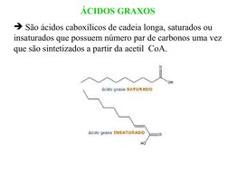 ÁCIDOS GRAXOS
 São ácidos caboxílicos de cadeia longa, saturados ou 
insaturados que possuem número par de carbonos uma vez