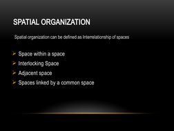 SPATIAL ORGANIZATION
Space within a space
Interlocking Space
Adjacent space
Spaces linked by a common space
