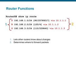 RouterX# show ip route
     D 192.168.1.0/24 [90/25789217] via 10.1.1.1
     R 192.168.2.0/24 [120/4] via 10.1.1.2
     O 19