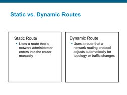 Static Route
Uses a route that a 
network administrator 
enters into the router 
manually
Dynamic Route
Uses a route that a