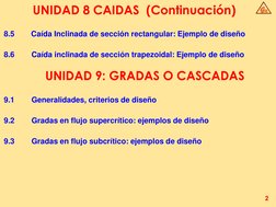 2
GR
UNIDAD 8 CAIDAS  (Continuación)
8.5
Caída Inclinada de sección rectangular: Ejemplo de diseño
8.6 
Caída inclinada de se
