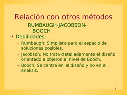 4
Relación con otros métodos
• Debilidades:
– Rumbaugh: Simplista para el espacio de 
soluciones posibles,
– Jacobson: No tra