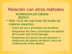 5
Relación con otros métodos
• PUD- Ciclo de vida fruto de fusión de 
mejores aspectos:
– Casos de uso y prototipos de Jacobs