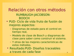 6
Relación con otros métodos
• PUD- Ciclo de vida fruto de fusión de 
mejores aspectos:
– Diagramas de estado para el control
