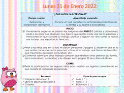 Lunes 31 de Enero 2022:
“¿QUÉ HACEN LAS PERSONAS?”
Campo o Área:
Aprendizaje esperado:
Exploración y 
comprensión del mundo
C