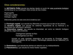 8
Otras consideraciones
Otras consideraciones:
La BOTÁNICA PURA estudia las plantas desde un punto de vista puramente biológi