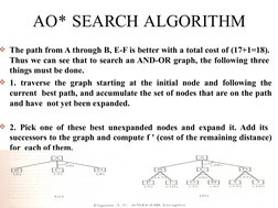 AO* SEARCH ALGORITHM
The path from A through B, E-F is better with a total cost of (17+1=18).  
Thus we can see that to sear