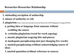 Researcher-Researcher Relationship 
1. misleading ascription of authorship 
2. misuse of authority or role 
3. plagiarism (ht