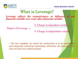Leverage reflects the responsiveness or influence of one
financial variable over some other financial variable.
% Change in d