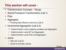 10 
Transformation Concepts – Recap 
Stored Procedure Transformation (Lab 1) 
Filter 
Aggregator 
Pivoting Data (Rows to