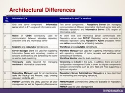 8 
 
 
 
Architectural Differences 
Sr. 
No. 
Informatica 5.x 
Informatica 6.x and 7.x versions 
1 
Only one server component