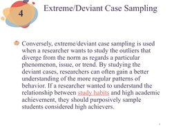 Extreme/Deviant Case Sampling
Conversely, extreme/deviant case sampling is used 
when a researcher wants to study the outlier