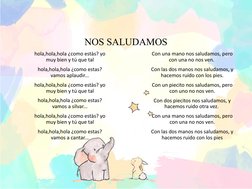NOS SALUDAMOS
hola,hola,hola ¿como estàs? yo 
muy bien y tú que tal
hola,hola,hola ¿como estas? 
vamos aplaudir...
hola,hola,