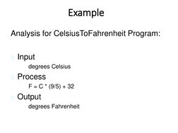 Example
Analysis for CelsiusToFahrenheit Program:
Input
degrees Celsius
Process
F = C * (9/5) + 32
Output
degrees Fahrenhe