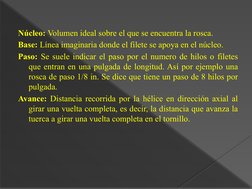 Núcleo: Volumen ideal sobre el que se encuentra la rosca.
Base: Línea imaginaria donde el filete se apoya en el núcleo.
Paso:
