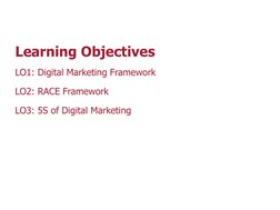 Learning Objectives
LO1: Digital Marketing Framework
LO2: RACE Framework
LO3: 5S of Digital Marketing
