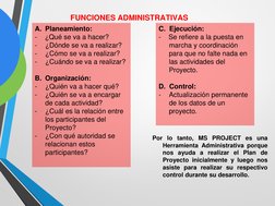 FUNCIONES ADMINISTRATIVAS
A. Planeamiento:
-
¿Qué se va a hacer?
-
¿Dónde se va a realizar?
-
¿Cómo se va a realizar?
-
¿Cuán