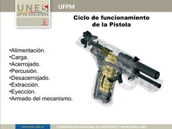 UFPM
COORDINACIÓN NACIONAL DE MONITORES Y MONITORAS UNES
Ciclo de funcionamiento
de la Pistola
•Alimentación.
•Carga.
•Acerro