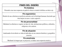 FINES DEL DISEÑO 
Fin Estético 
Pretende crear una respuesta en quién lo observa siendo la belleza su único eje.  
Fin ergonó