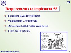 8
P
Y
R
A
M
I
D
Q S
Pyramid Quality Systems
Pyramid Quality Systems
5S
5S
Requirements to implement 5S
Total Employee Inv
