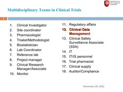 Multidisciplinary Teams in Clinical Trials
November 28, 2022
9
1.
Clinical Investigator
2.
Site coordinator
3.
Pharmacologist