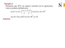 Demuestre que 𝑅2es un espacio vectorial con la operaciones
suma y producto definidos por:
Solución:
2
)
,
(
),
,
(
;
2
,
2
)