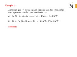 Demostrar que R2 es un espacio vectorial con las operaciones
suma y producto escalar, vector definidos por :
a)
(a, b) + (c,