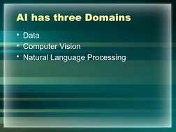 AI has three Domains
• Data
• Computer Vision 
• Natural Language Processing
